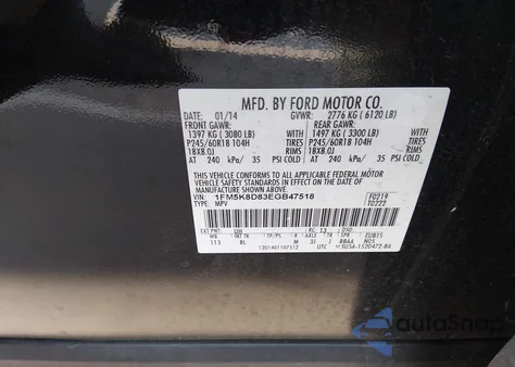 2014 Ford Explorer Xlt из США, поврежденный, VIN 1FM5K8D83EGB47518